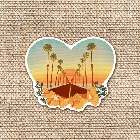 california heart sticker with palm trees and poppies