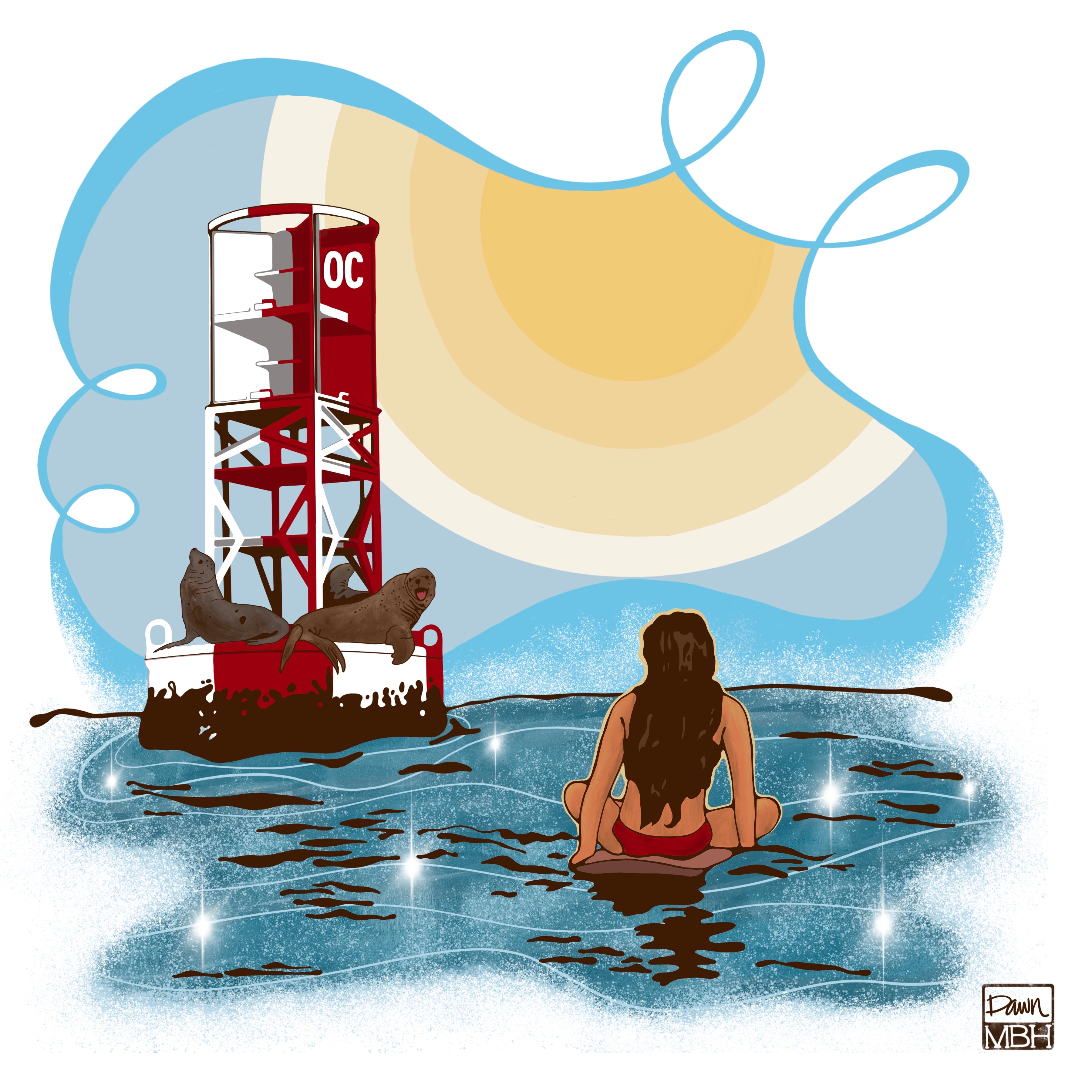 Surfer girl sea lions modern digital illustration dawn Buettner Huntington