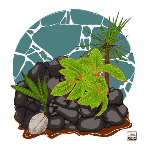 Lava rock wall tropical vegetation illustration