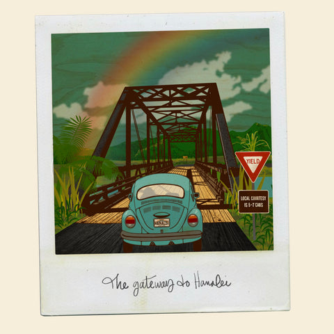 vintage VW bug driving over hanalei bridge illustration