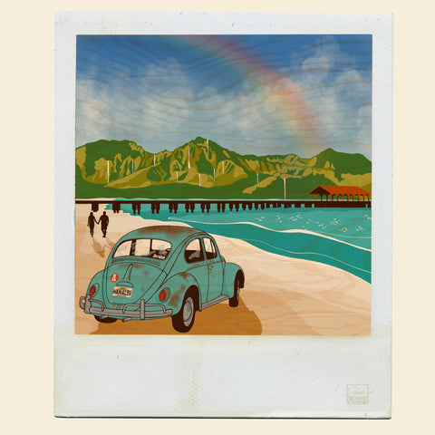 Volkswagen bus on Hanalei beach illustration
