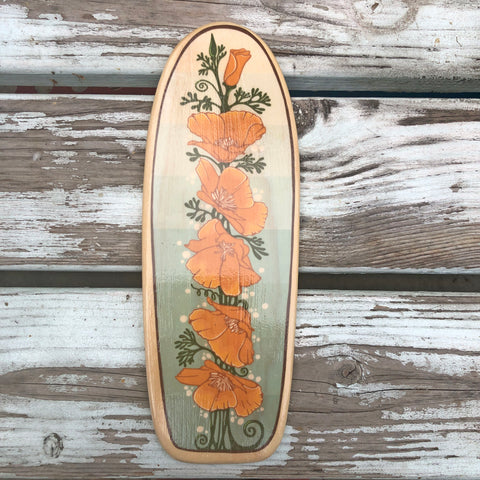 california poppies illustration on a mini surfboard