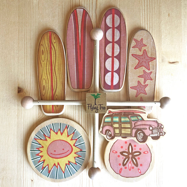 Pink Surfboard Baby Mobile with Sun, Sand Dollar and Vintage Woody Car