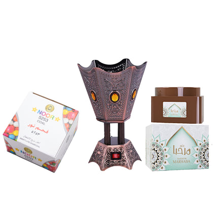 Ultimate Gift Set - Bakhoor Marhaba 70Gm - Noor 5253 Charcoal 80Pcs - Electric Incense Burner - (3Pcs Included)