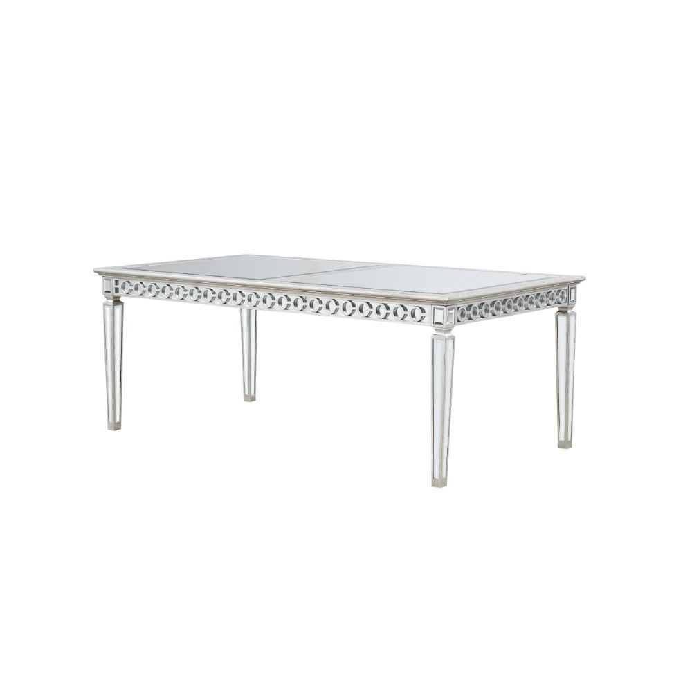 Acme Varian Dining Table with a Stunning 78" Length, Mirrored Surface, and Antique Platinum Finish (Model 66155)