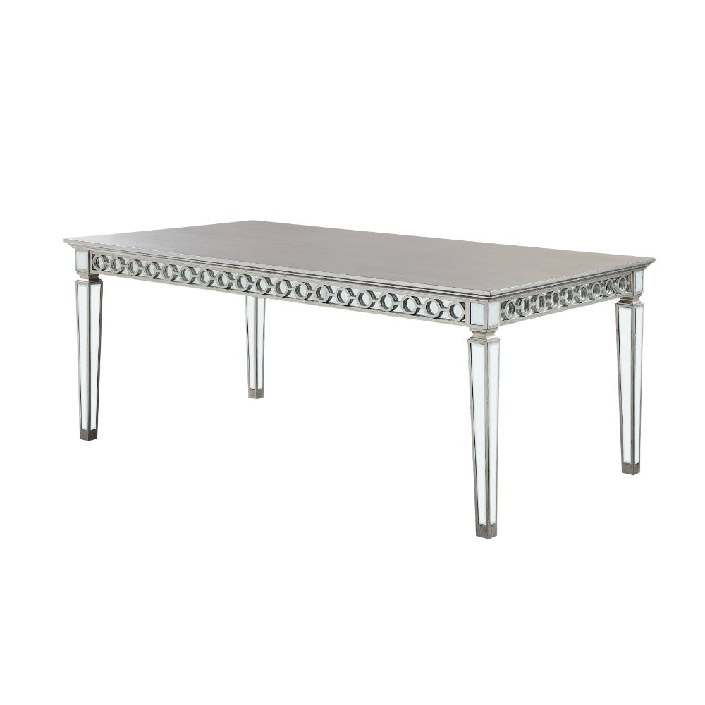 Acme's Varian Dining Table with 90" Length, Mirrored Surface and Antique Platinum Finish (Model 66160)