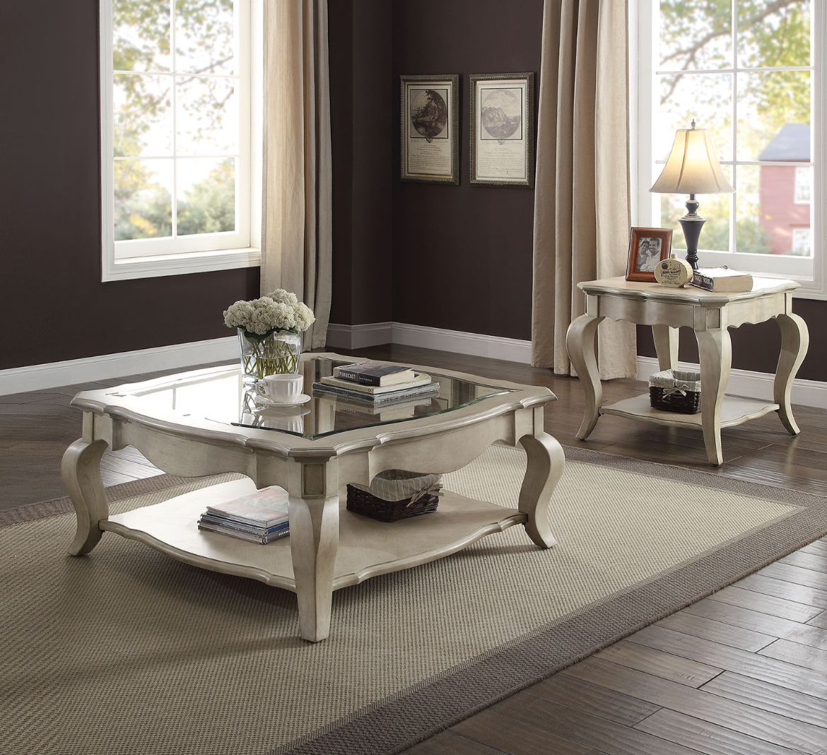 Chelmsford Coffee Table 86050 Clear Glass & Antique Taupe Finish | Acme