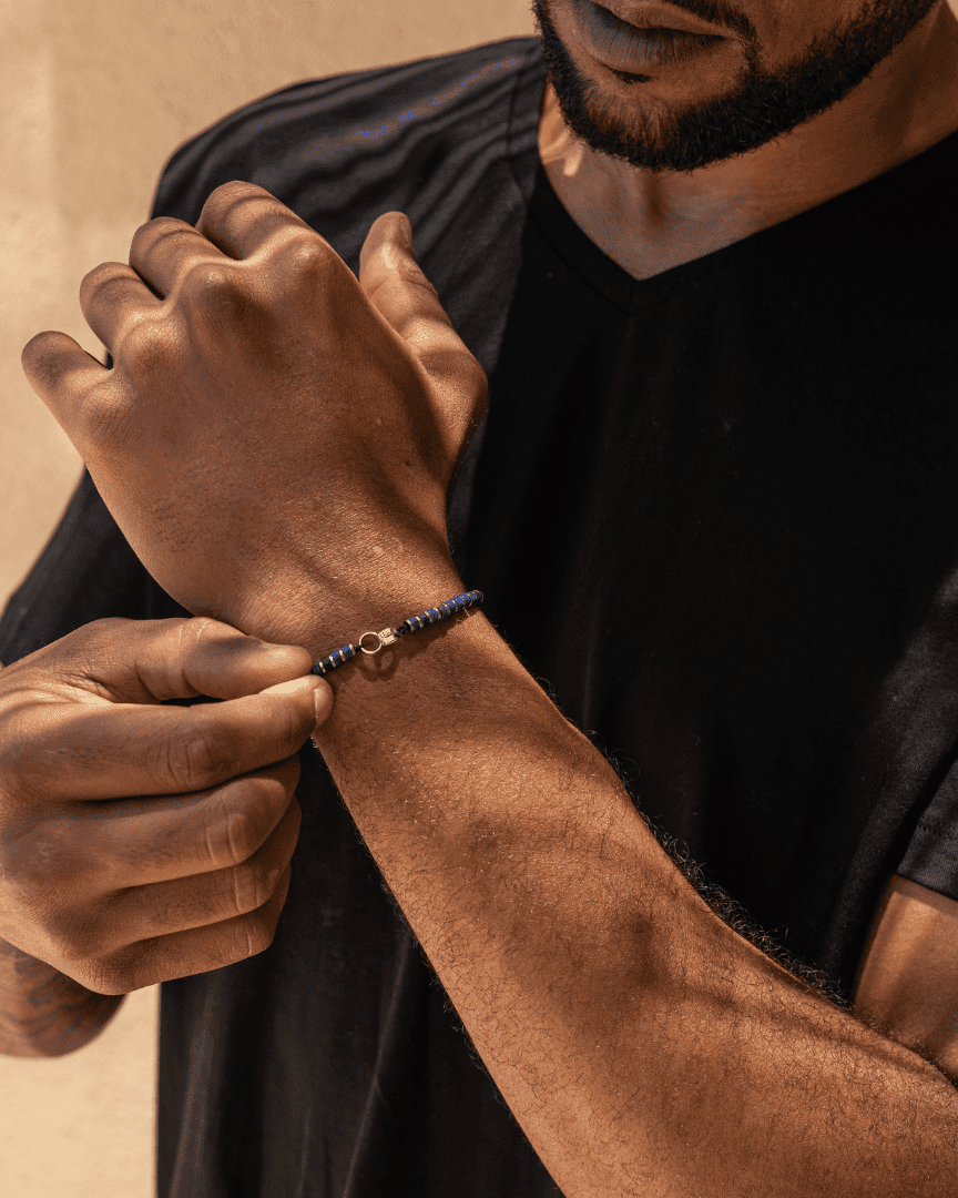 Bracelet de Perles de Lapis-Lazuli Bleu & Bagues Peronnalisables - Or Blanc 14 carats Bracelets magal-dev 