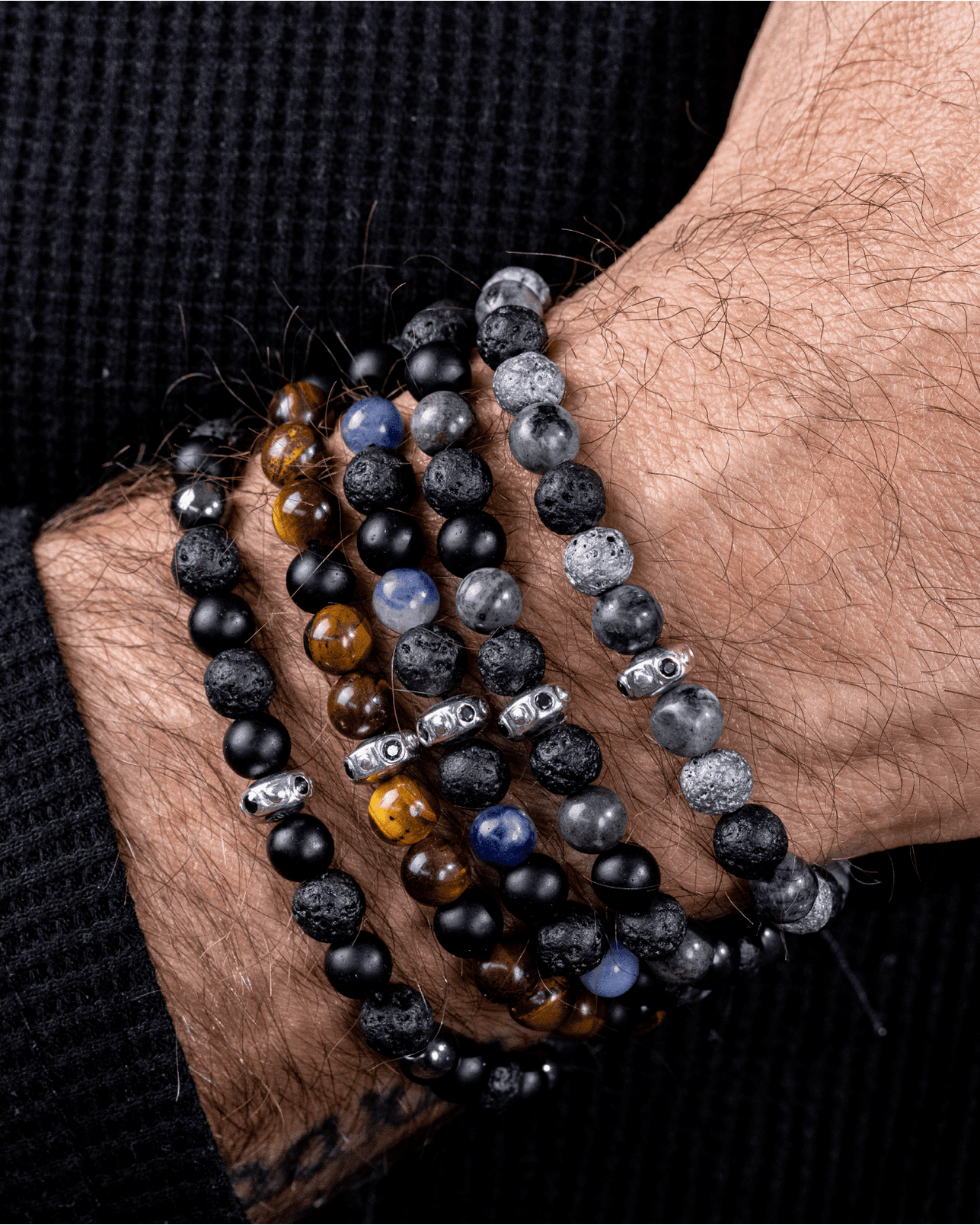 Men's Black Lava, Onyx and Hematite Beads Bracelet - 14K White Gold Bracelets magal-dev 