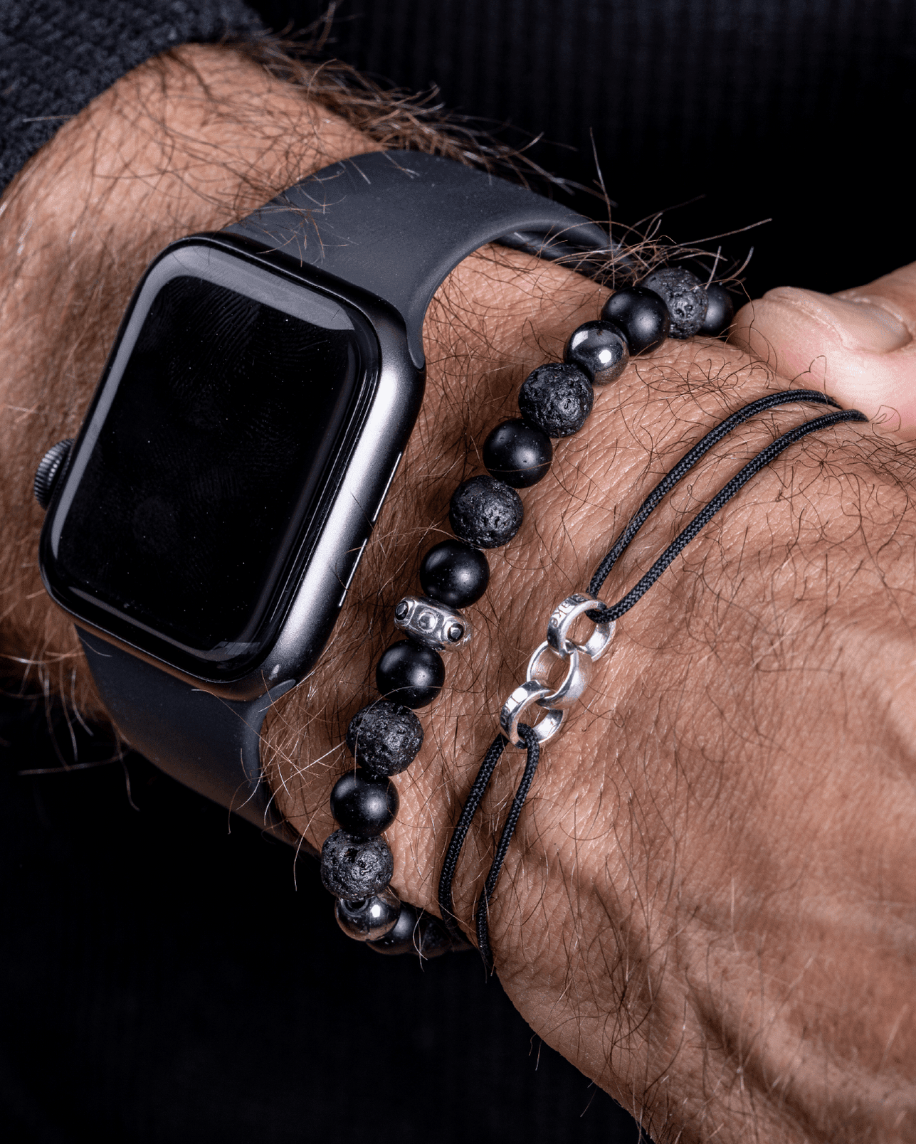 Men's Black Lava, Onyx and Hematite Beads Bracelet - 14K White Gold Bracelets magal-dev 