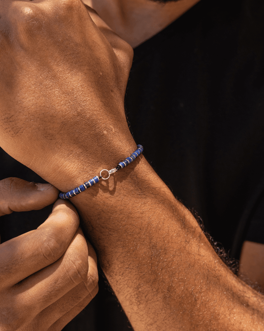 Men's Blue Lapis Disc Bead & Forever Links Bracelet - 14K White Gold Bracelets magal-dev 