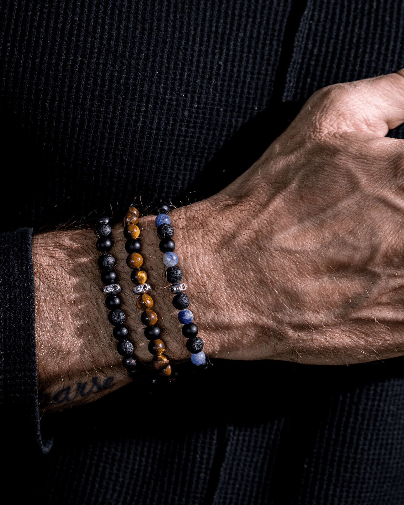 Men's Blue Sodalite & Matte Onyx Bead Bracelet - 14K White Gold Bracelets magal-dev 