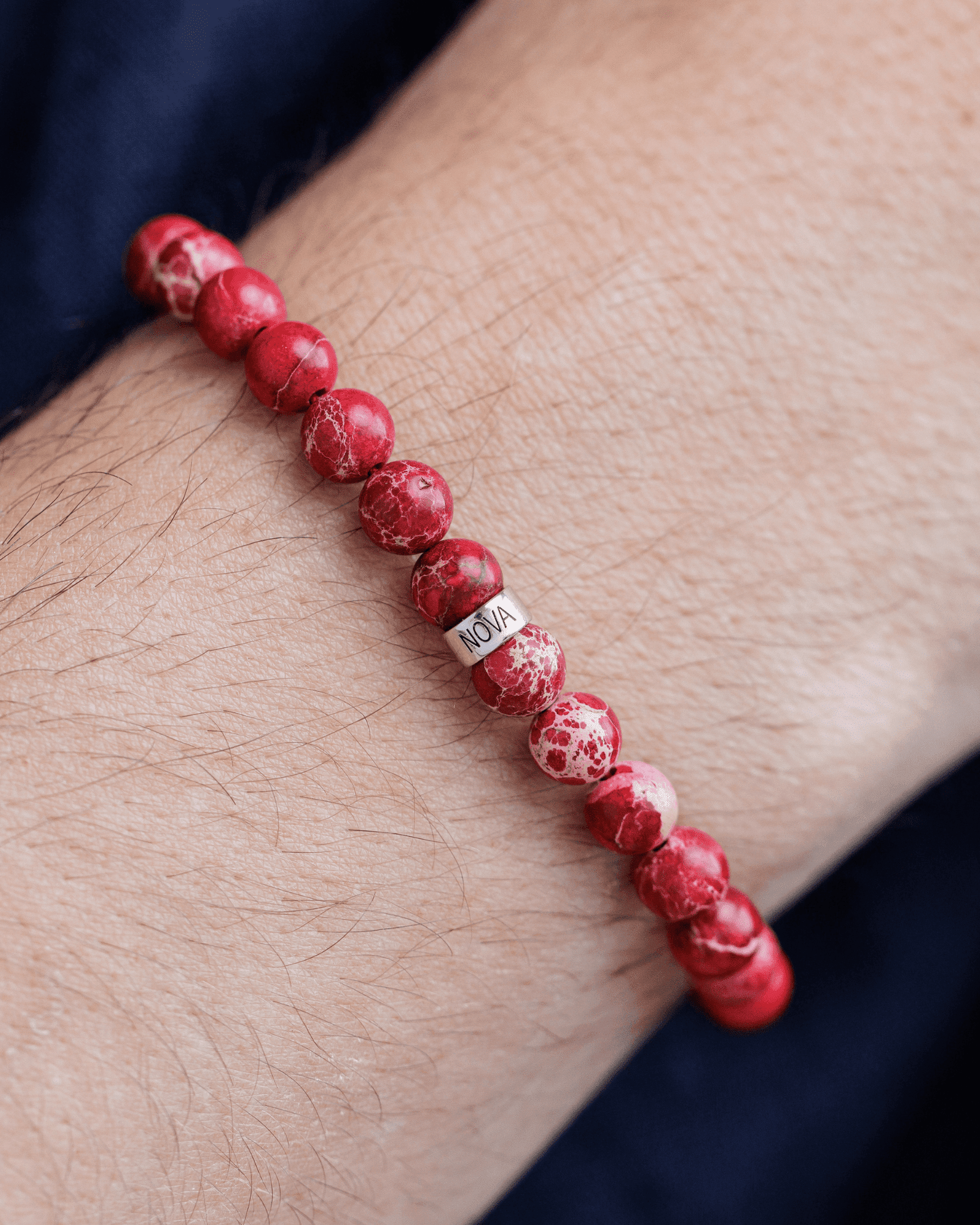 Men's Red Imperial Jasper Engravable Bead Bracelet - 14K White Gold Bracelets magal-dev 