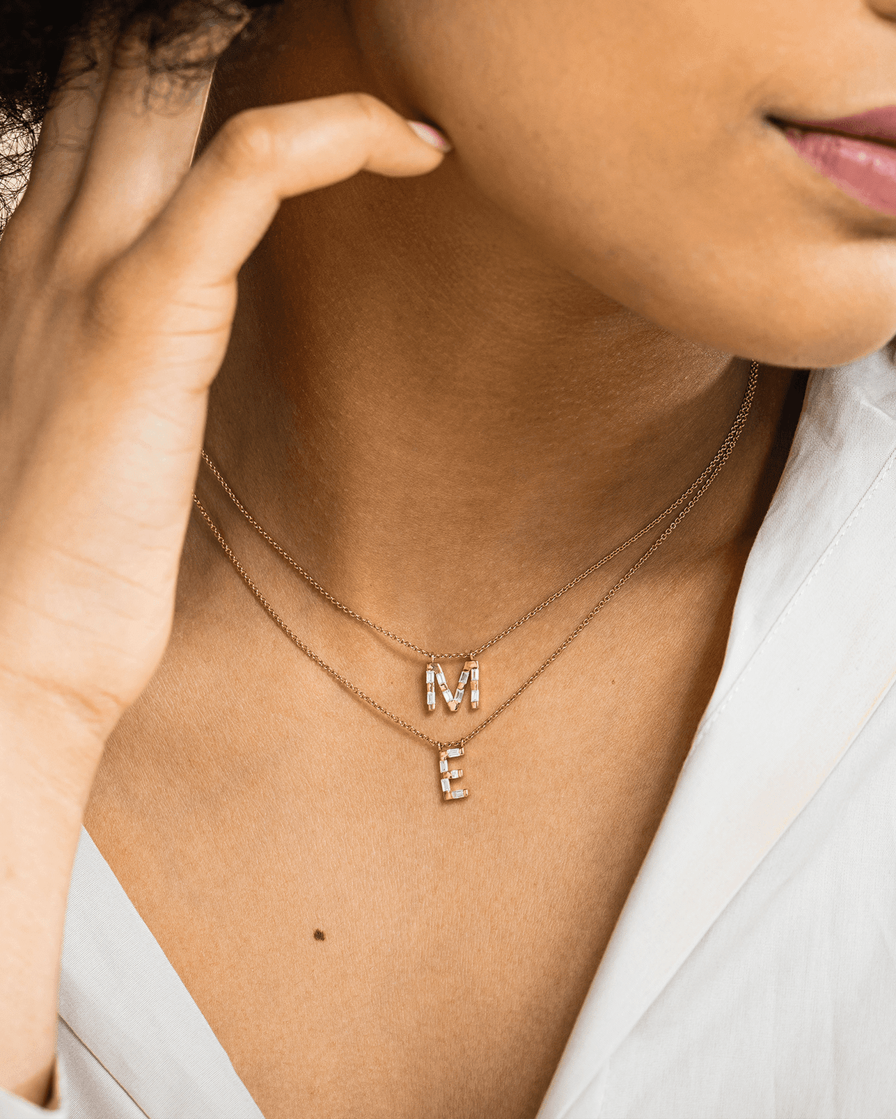 Signature Initial Baguette Necklace - 14K Rose Gold Necklaces 14K Solid Gold 