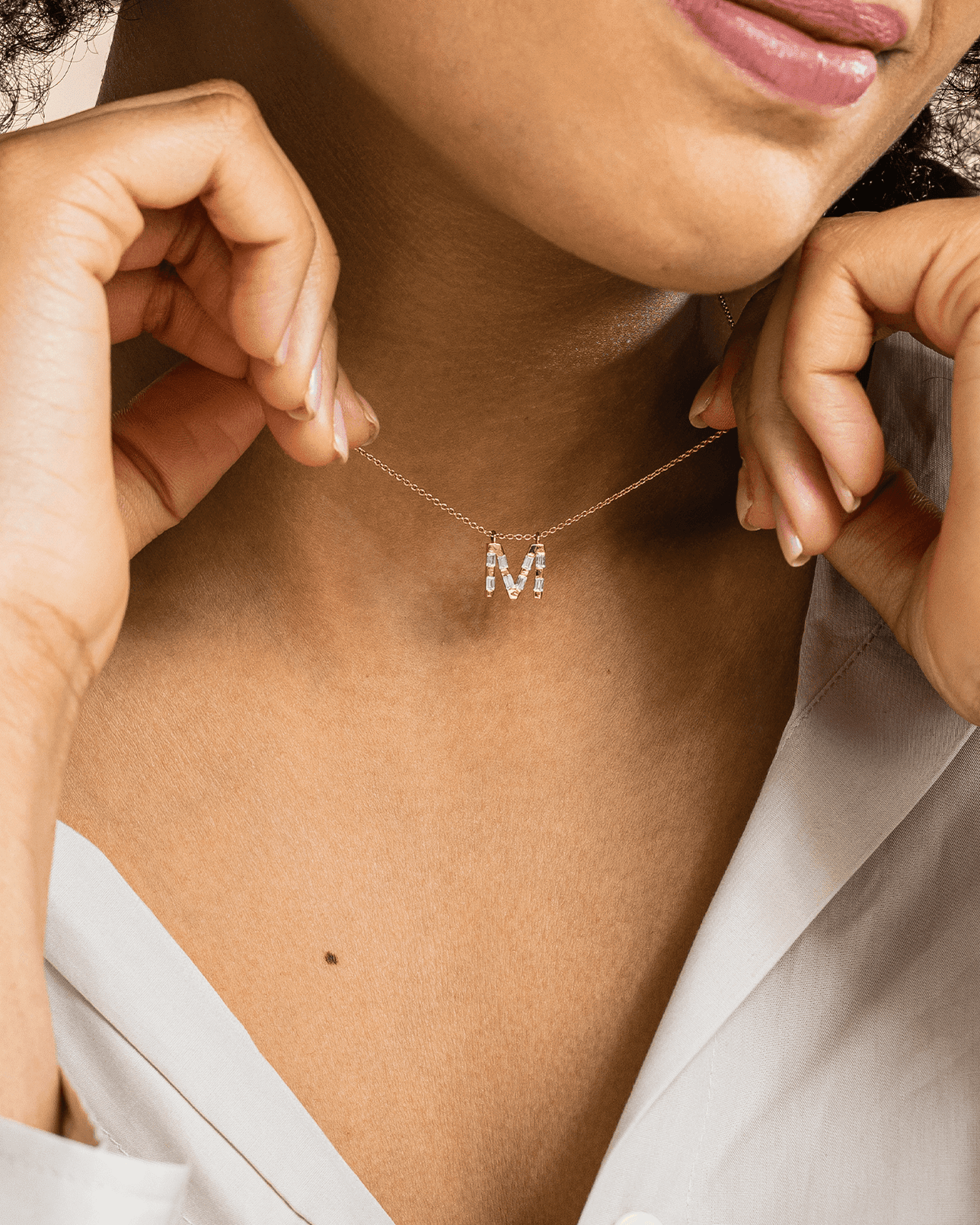 Signature Initial Baguette Necklace - 14K Yellow Gold Necklaces 14K Solid Gold 