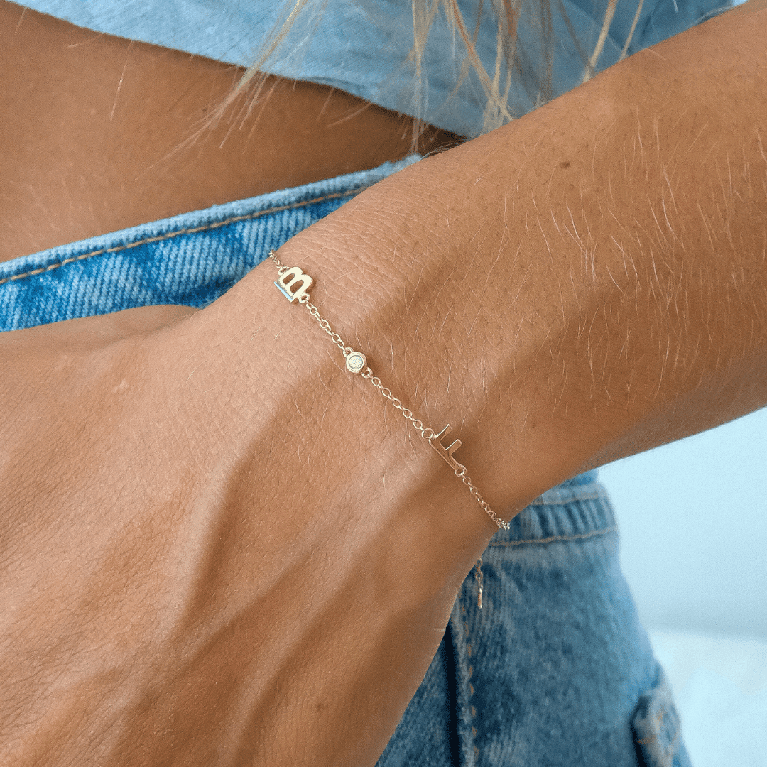 Custom Solid Gold Monogram Bracelet with Diamonds and Sandstone Beads –  MagicHands Jewelry