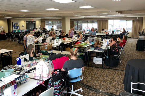 The sewing space at the GABG with the big windows lining each side of the room