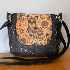 Puppy cork version of Jesse Crossbody with flap framing