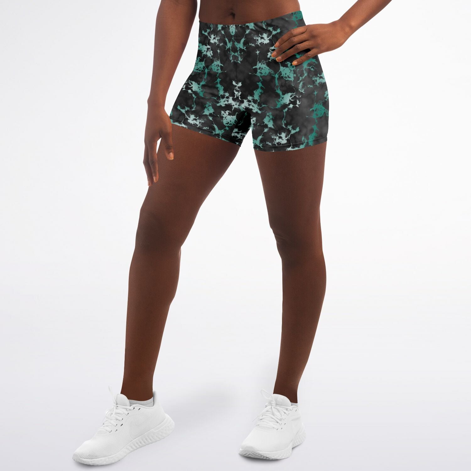 Women's Mid-rise Black Green Gilded Marble Athletic Booty Shorts