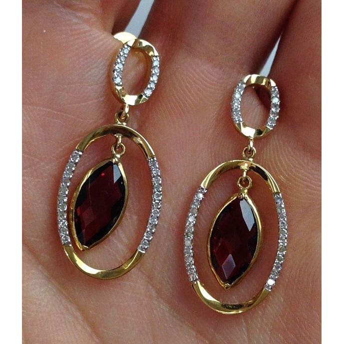 Luxinelle 18K 2.51 Carat Marquise Shape Red Garnet Diamond Drop Earrings - Yellow Gold - Earrings