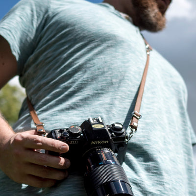 Camera strap shown in crossbody mode.