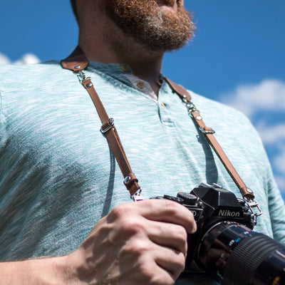 Camera strap shown in neck mode.