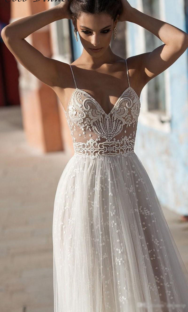 The Beckett :: Sculpted hand Beaded Slit Tulle Beach Wedding Dress ...