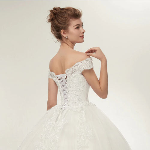 The Melanie Lace And Tulle Off Shoulder Corset Back Ball Gown Wedding Broke Bride Dresses 
