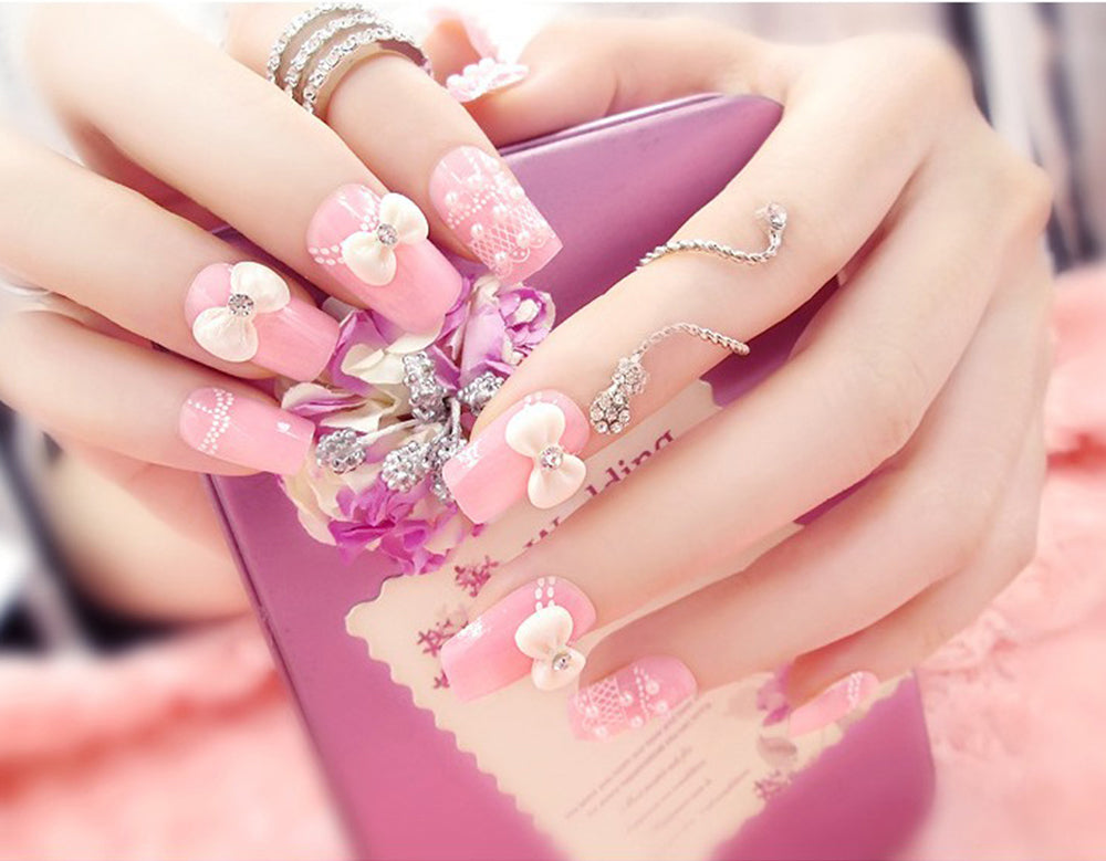 3D Pink Pearls and Bows – 24 Piece Wedding Nail Set – Broke Bride Dresses