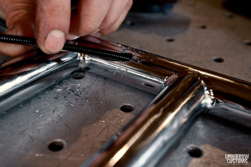 Drilling the handlebars for the internal throttle cable - the cable sits nicely against the bars