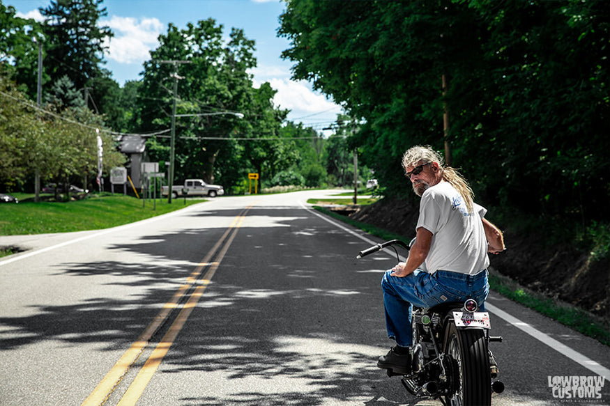 Todd riding his Custom 1968 650cc Triumph Bonneville Bobber