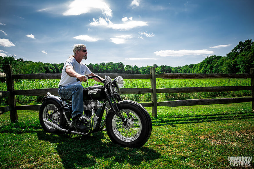 Todd heading off on a ride on his custom 1968 Triumph 650cc bobber.