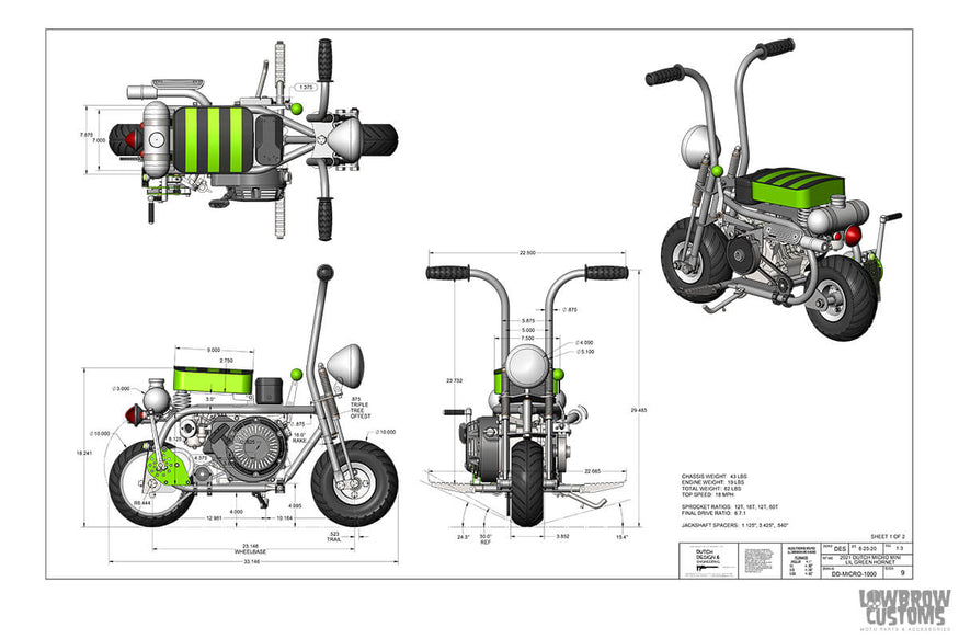 CAD drawings and dimensions to scale of the mini bike design.