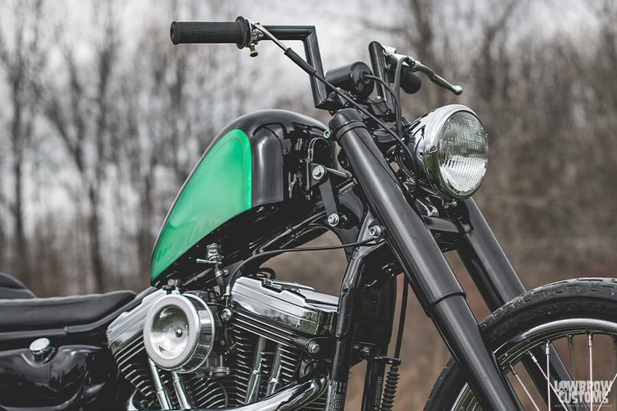 Stock Style Harley Sportster Gas Tank with a Gasbox Frisco Style Gas Tank Lift Kit and a Pingel 22mm Petcock