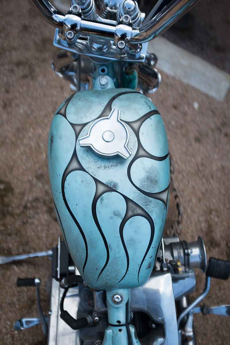 Harley-Davidson chopper showing off a Spinner Gas Cap on a P-Nut Gas Tank