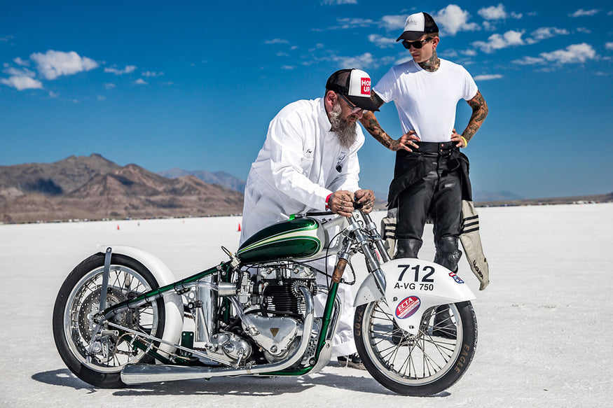 Joe pushing Poison Ivy closer to the starting line for her first run of 2017. - Bonneville Speed Week 2017 - Lowbrow Customs