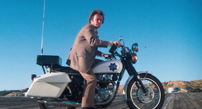 Clint Eastwood on a crazy Triumph police bike in Dirty Harry. Famous motorcycle riders