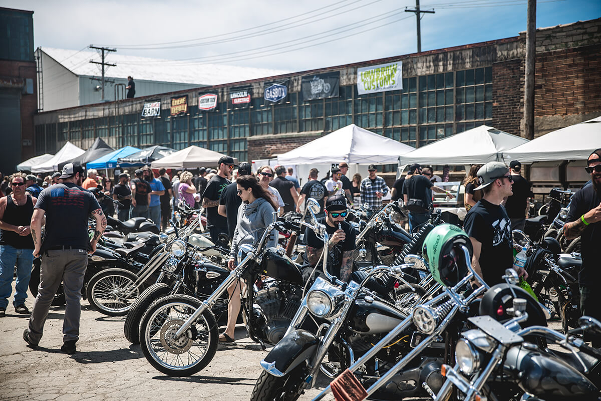A sea of motorcycles from all over the country. Fuel Cleveland 2017 - Lowbrow Customs, The Gasbox, Forever The Chaos Life