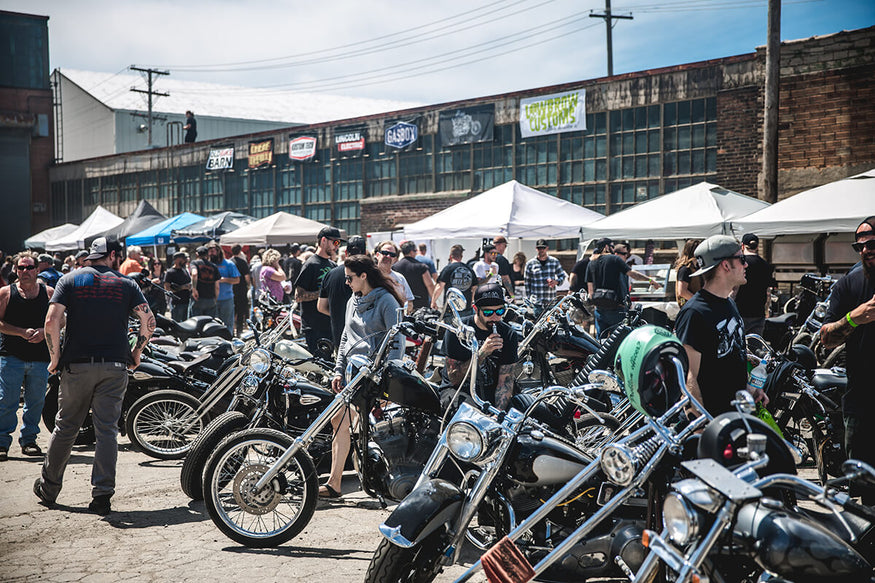 A sea of motorcycles from all over the country. Fuel Cleveland 2017 - Lowbrow Customs, The Gasbox, Forever The Chaos Life