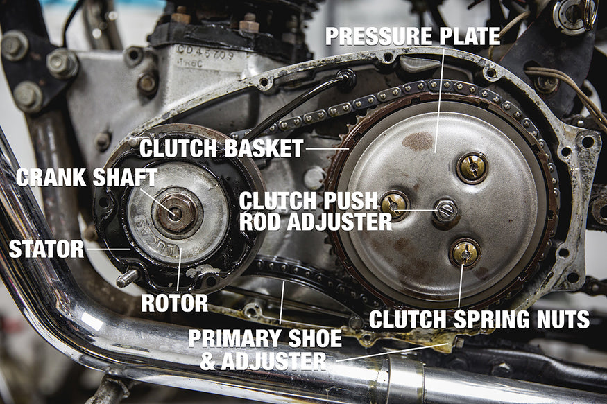 Notable things to look at right away when removing the primary cover.   Triumph 650 clutch inspection and service-Triumph 650 Clutch Inspection and Service-4