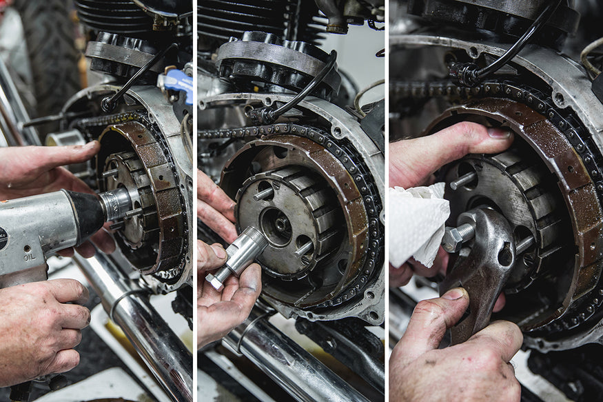 Using our special clutch basket puller makes removal easy. Triumph 650 clutch inspection and service-Triumph 650 Clutch Inspection and Service-13