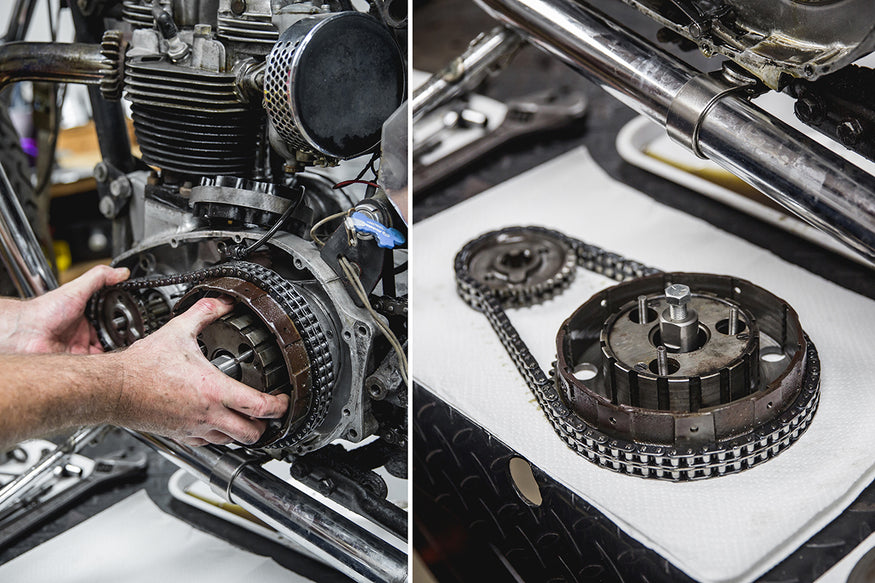 You have to remove the clutch basket and front sprocket with chain all together. Triumph 650 clutch inspection and service-Triumph 650 Clutch Inspection and Service-15