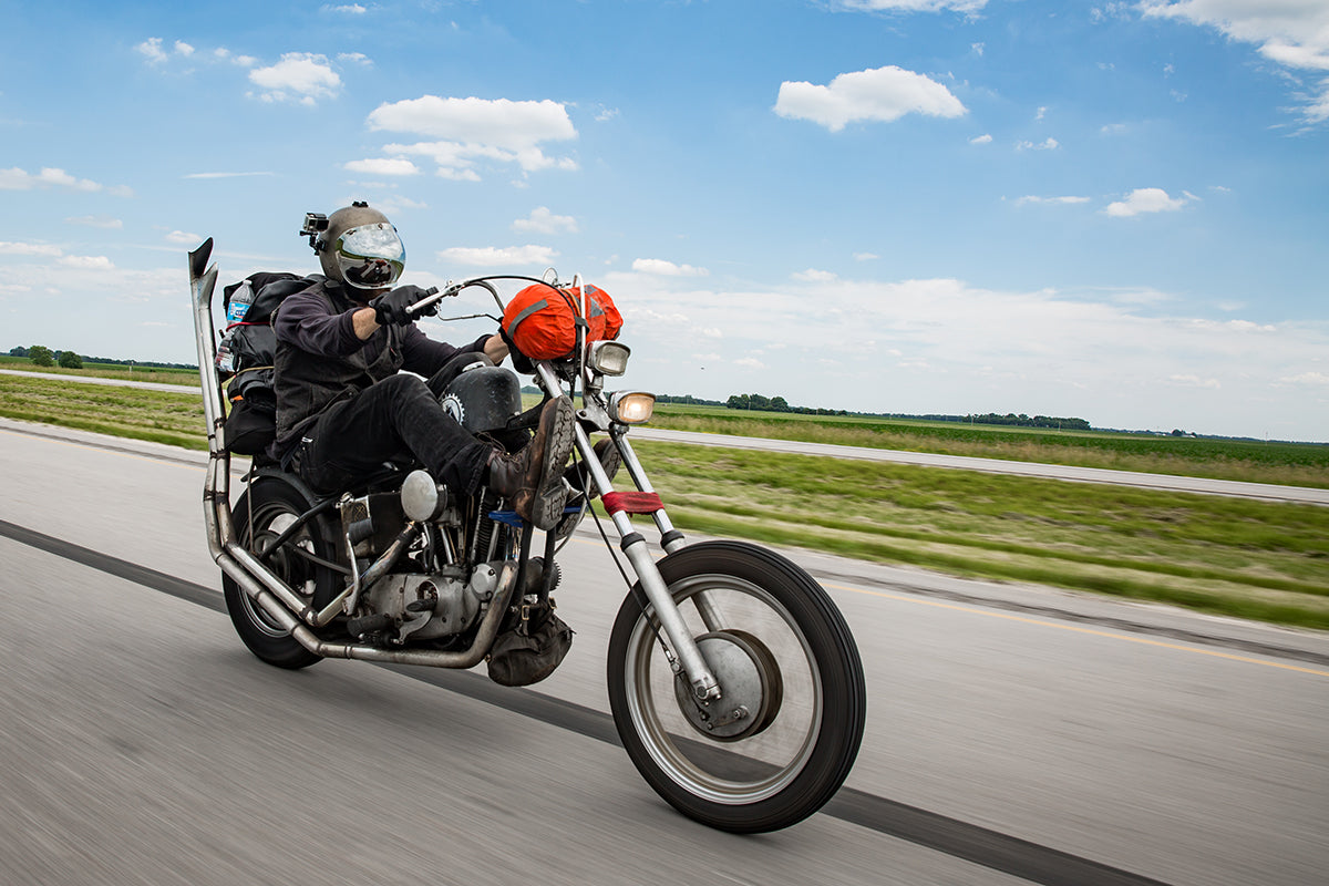 Jay loving his new highway pegs. Lowbrow-Customs---Cross-Country-2016