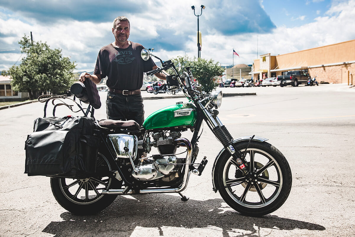 I believe this was a 1968 Tr6 Unit Triumph. Fully equipped with cup holder, foam pads, and a bicycle speedo. Lowbrow Customs - Sturgis 2017