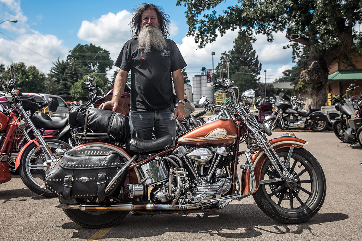 Mike rode his 41 Harley-Davidson Knucklehead to Sturgis from Colorado. Lowbrow Customs - Sturgis 2017