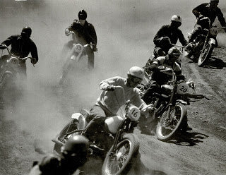 Racers would customize their bikes by taking off stock parts to reduce weight. Racing in 1949 - Photo from Porky Johnson/Museum of San Fernando Valley.