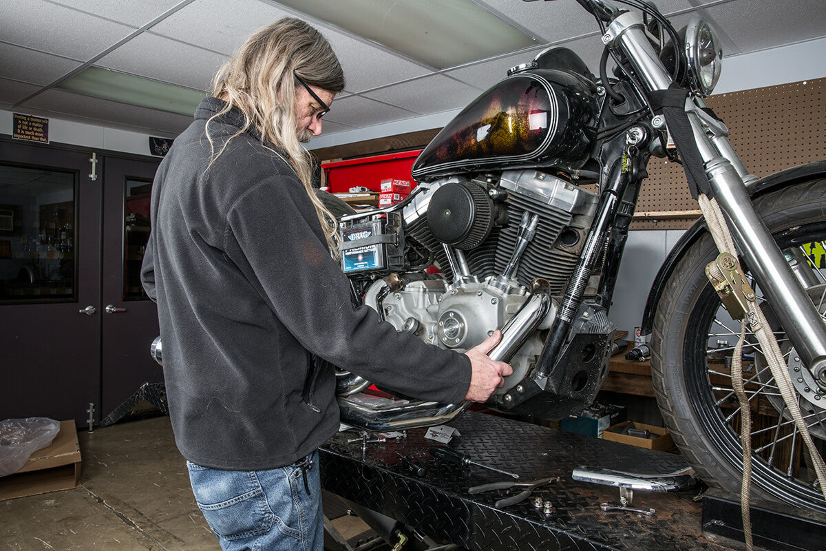 Remove your stock or other exhaust from your bike. - Lowbrow Customs - 2 into 1 by Kerker How to Install on Dyna