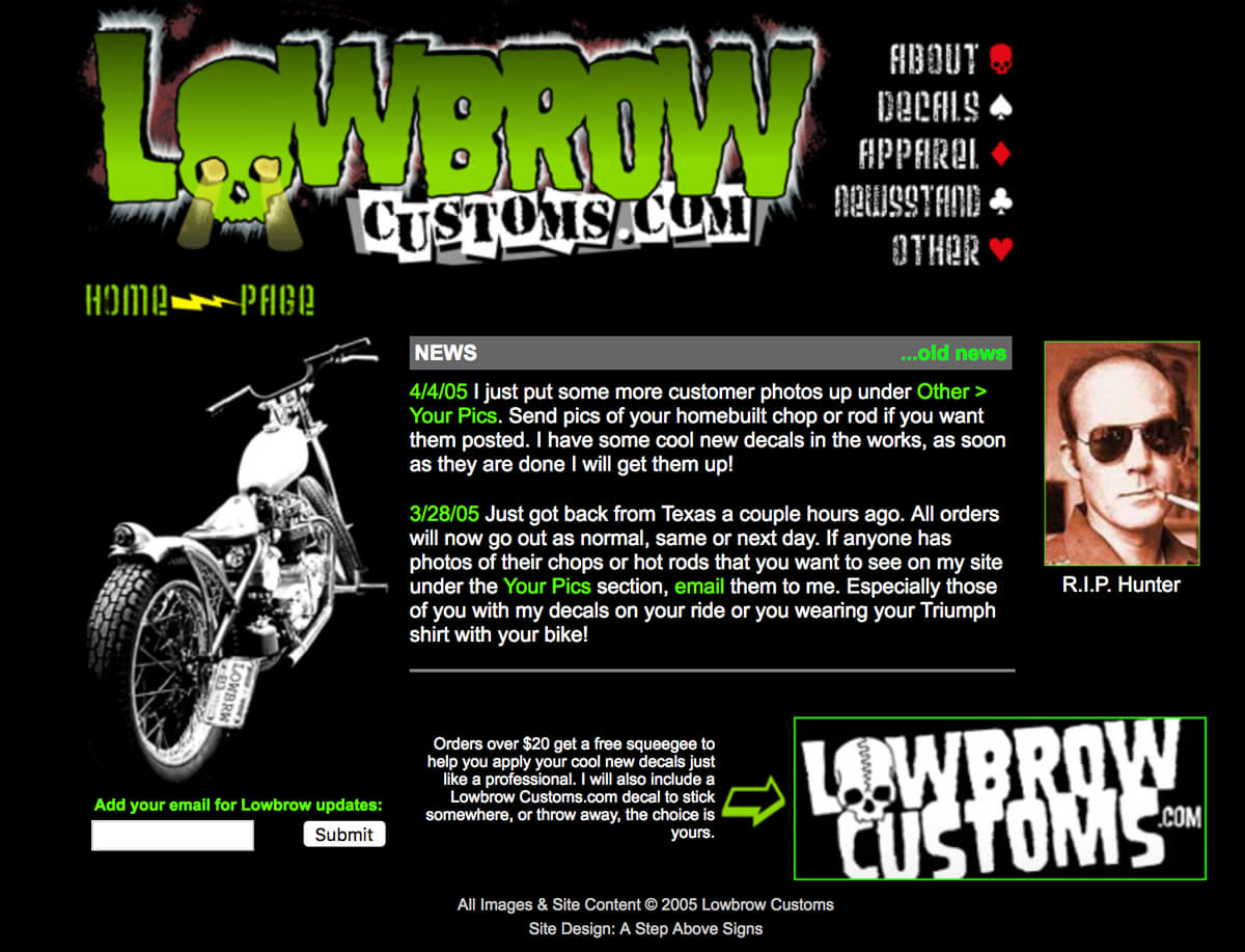 Lowbrow Customs history - the website in 2005