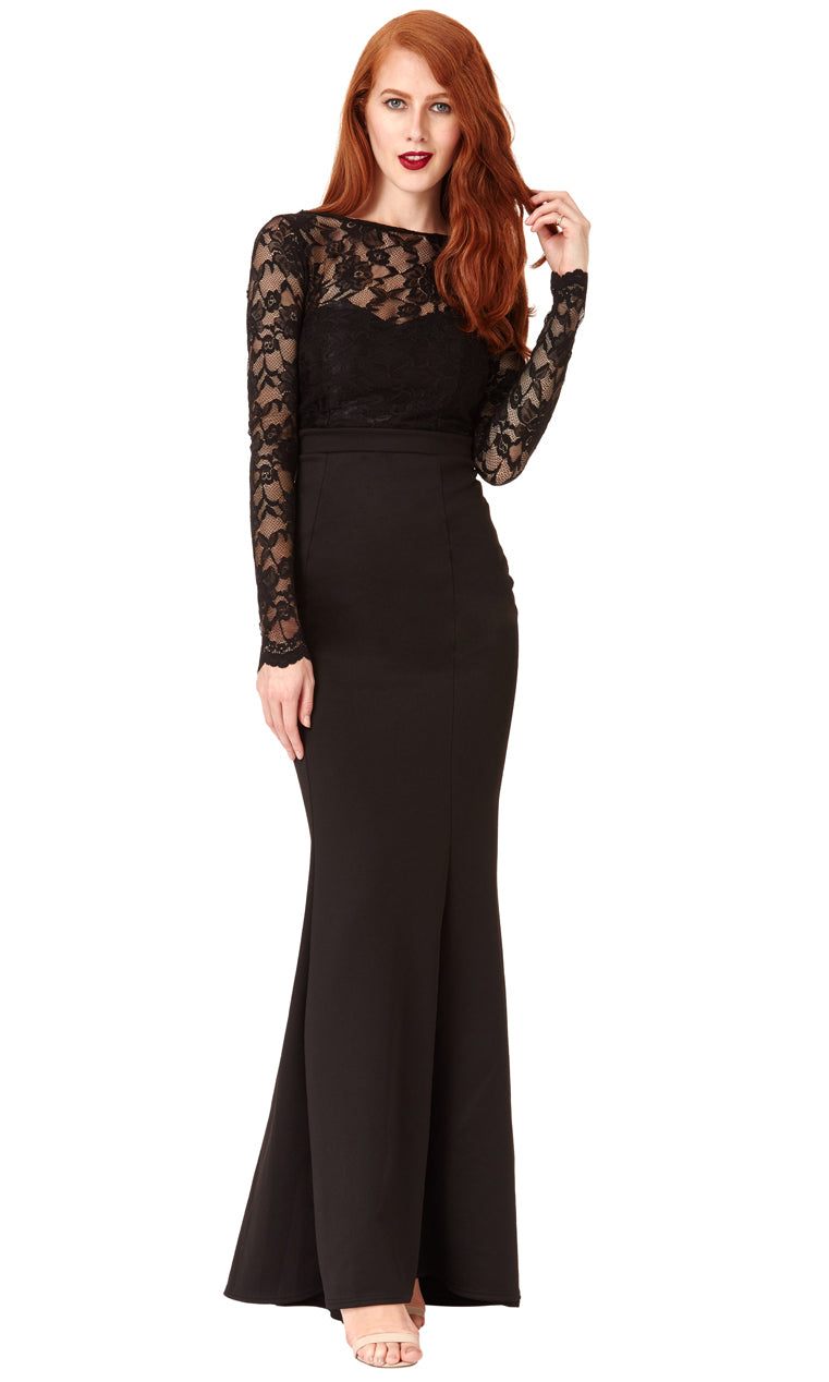 DR987 Black City Goddess Evening Dress With Lace Sleeves | Fab Frocks