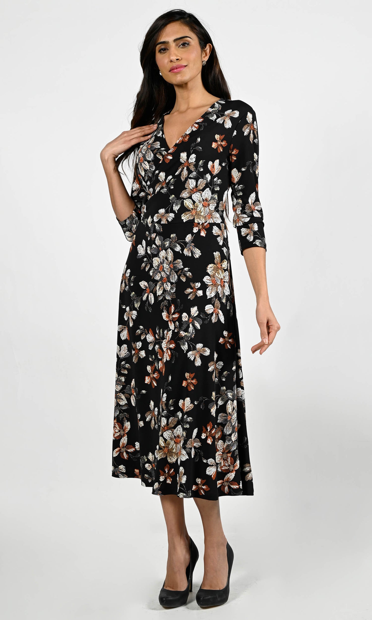 Frank Lyman 224100 Black Floral Print Crossover Dress | Fab Frocks